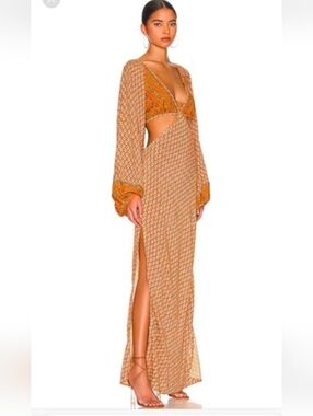 Jen's Pirate Booty Senora Deep V Cutout Maxi Dress in Burnt Orange Print Large
